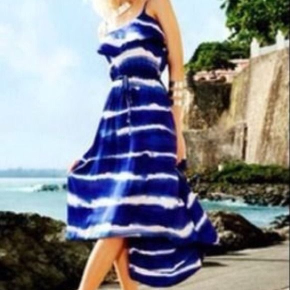 Express High low silky blue stripe dress XS